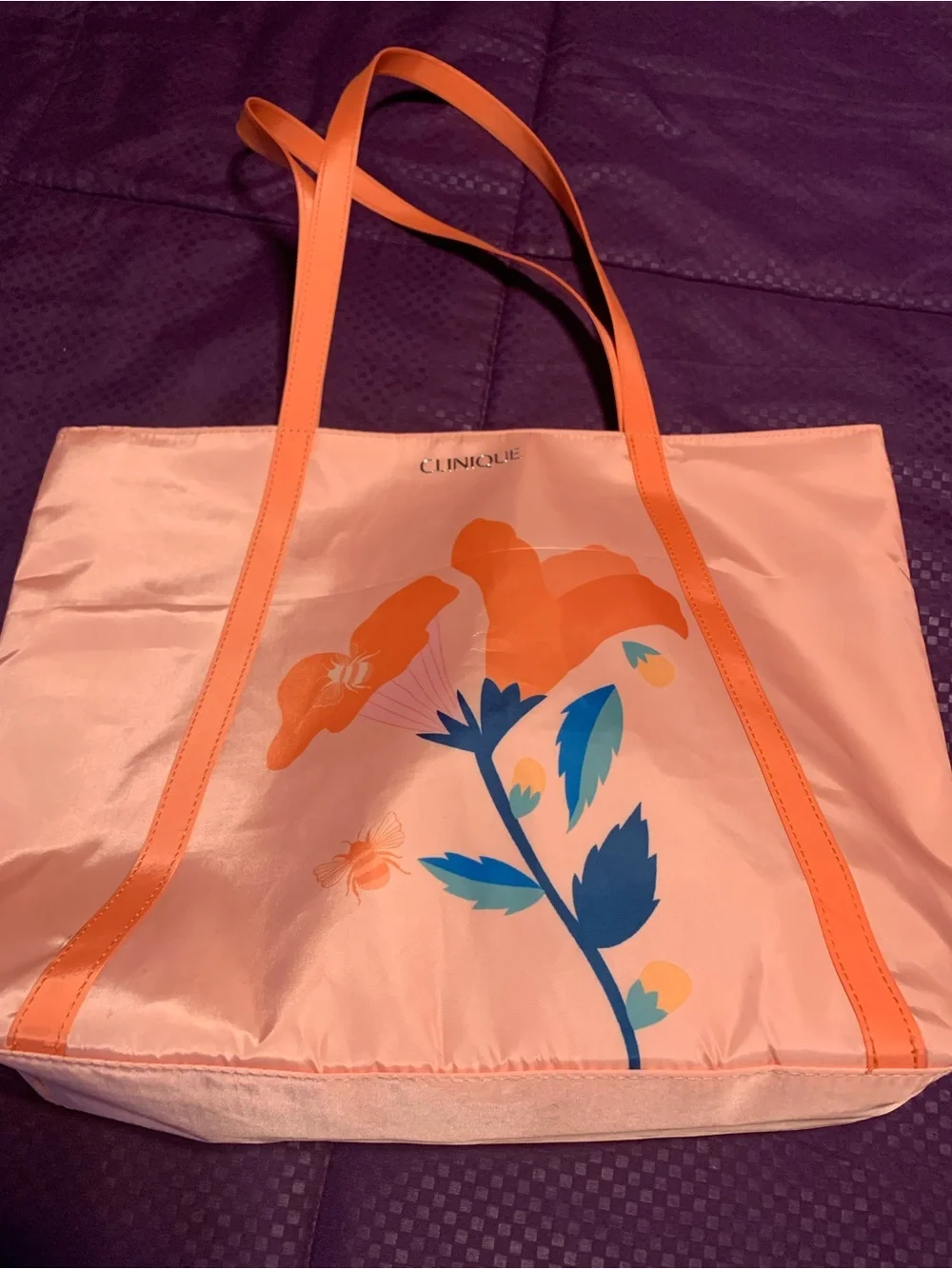 Clinique Peach and Blue Floral Tote with Matching Cosmetic Pouch